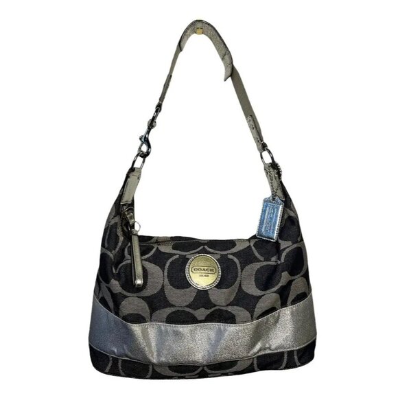 Coach Carley Signature Sufflette Denim & Leather handbag & glitter stripe accent